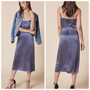 Reformation Silk Purple Tea dress in Deep Sea